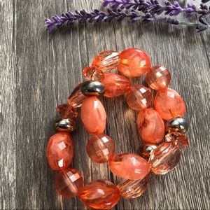 Stretchy beaded bracelets set of 2 peach gold tone